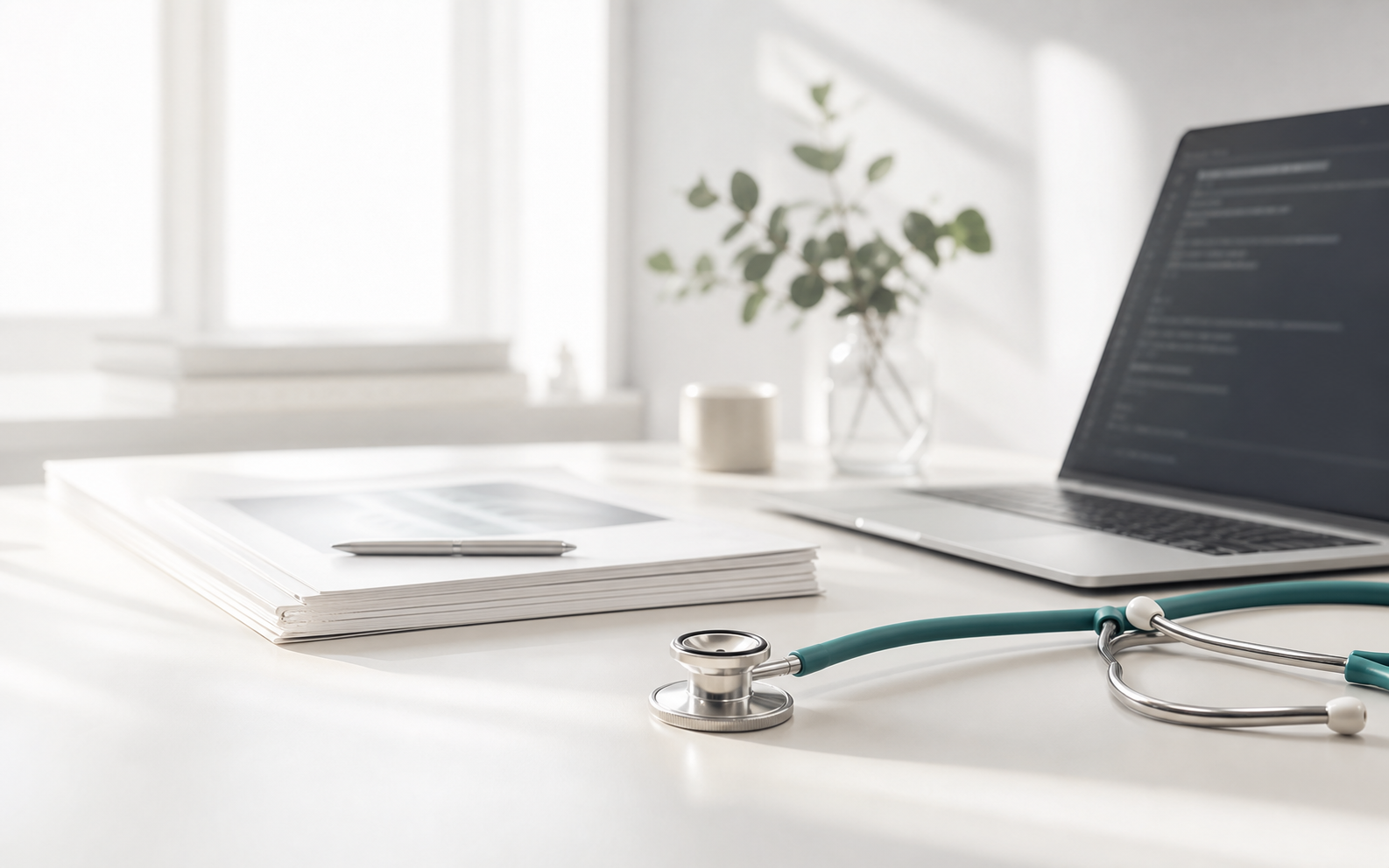 Bright clinical desk with medical papers, a laptop, and a stethoscope